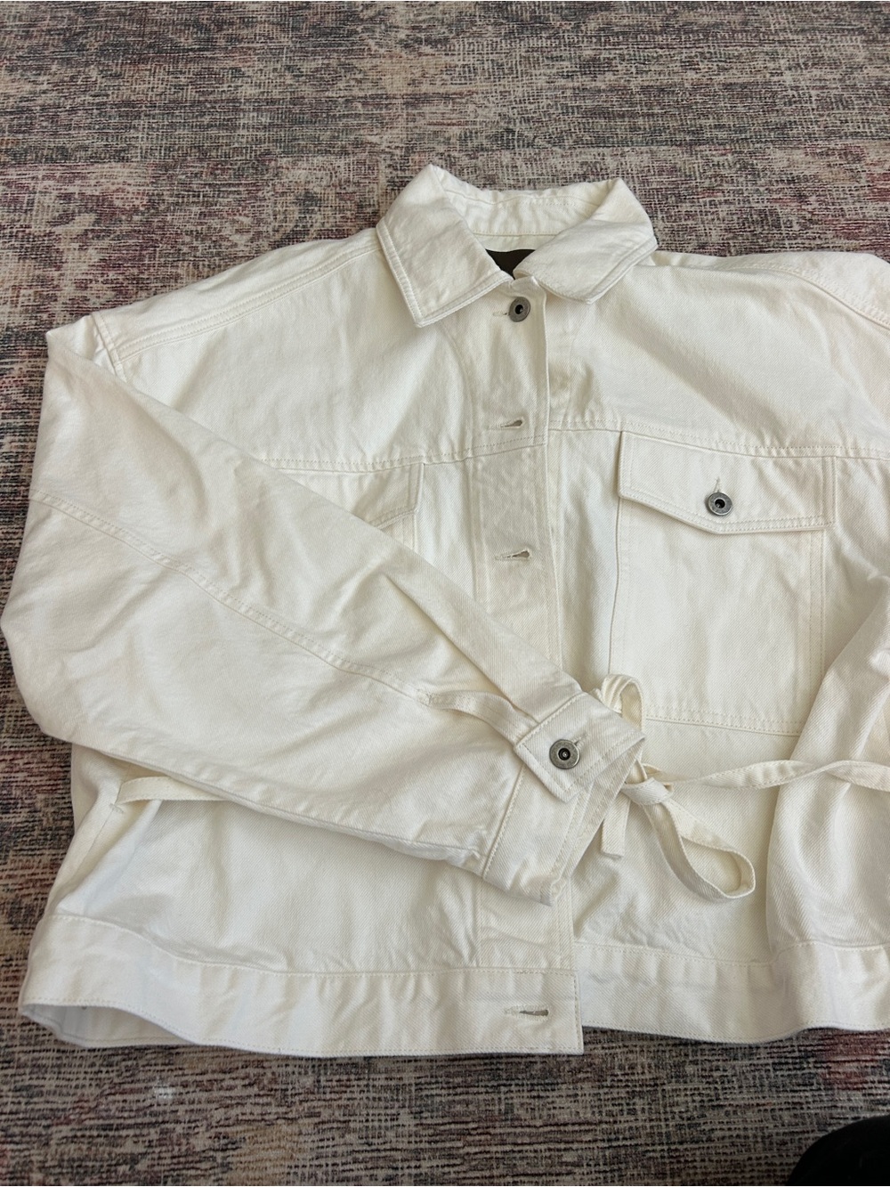 soeur White Cropped Jean Jacket with Waist Tie